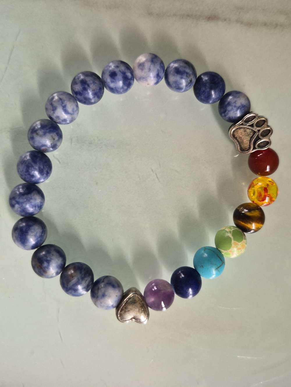 Blue Beaded Chakra Bracelet with Silver Heart and Paw Accents